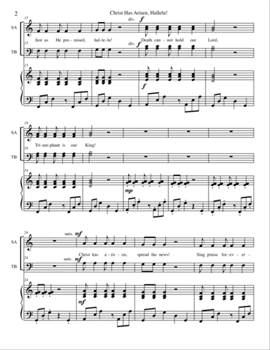 Christ Has Arisen, Hallelu! (U/2, SAB, or SATB Choir and Piano) 4-Part scores gallery preview page 2