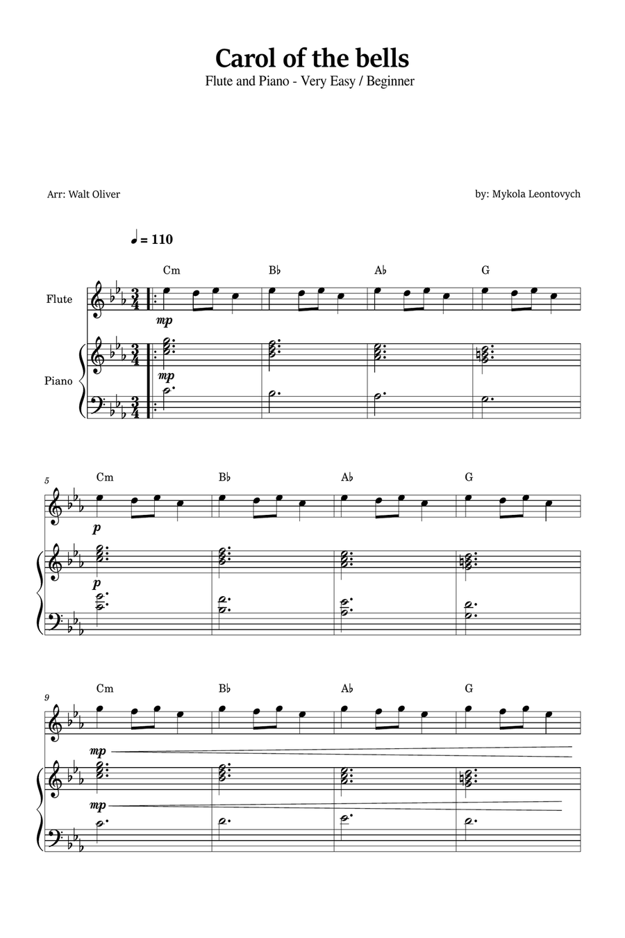 Carol of the Bells for Flute and Piano (Very Easy - Beginner) in C minor - With Chords Flute scores gallery preview page 1