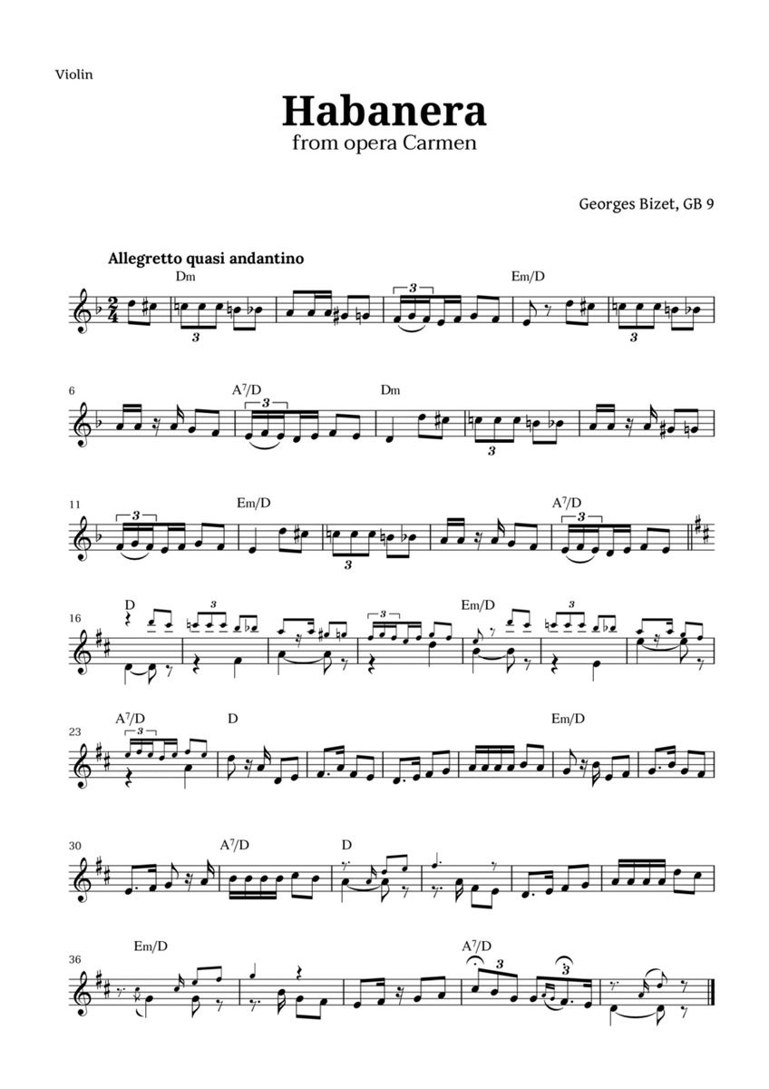 Habanera from Carmen by Bizet for Violin with Chords image number null