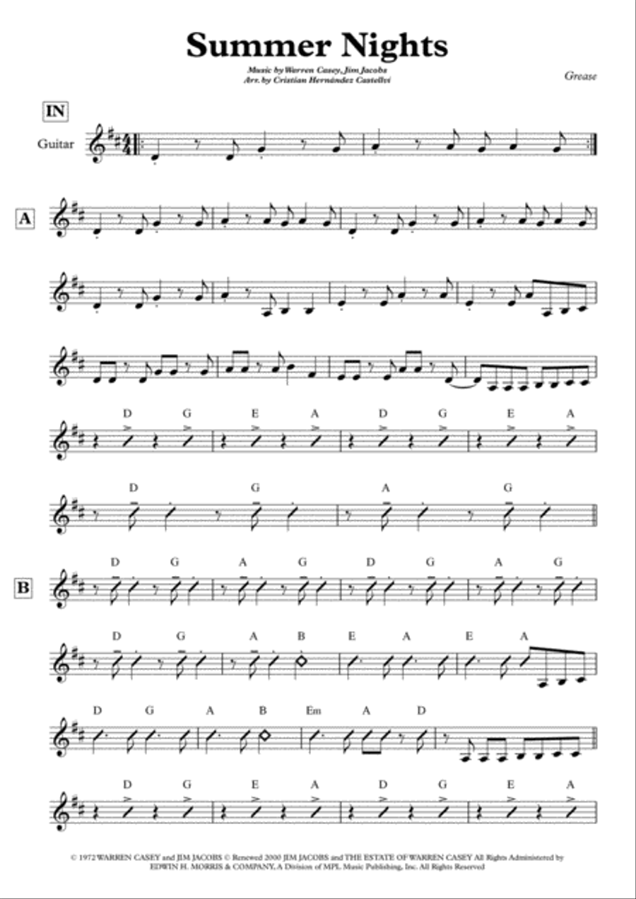 Summer Nights Guitar Solo scores gallery preview page 1