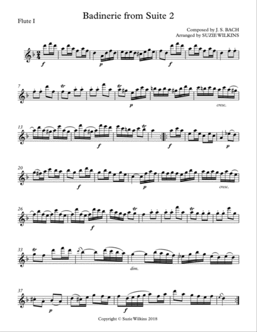 Badinerie from Bach's Orchestral Suite No. 2 for Flute Choir or Flute Quintet image number null