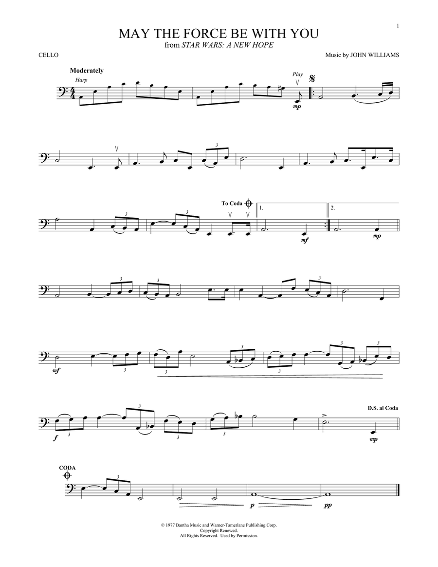 May The Force Be With You (from Star Wars: A New Hope) Cello Solo scores gallery preview page 1