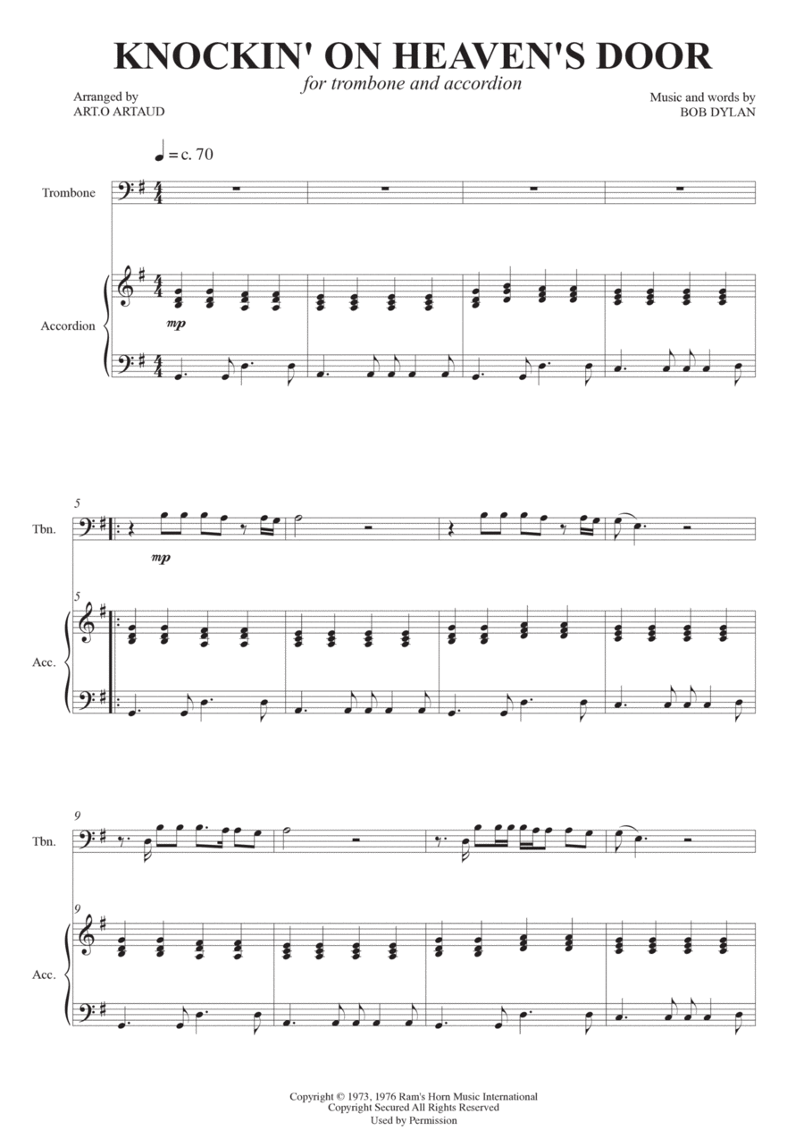 Knockin' On Heaven's Door Trombone Duet scores gallery preview page 1