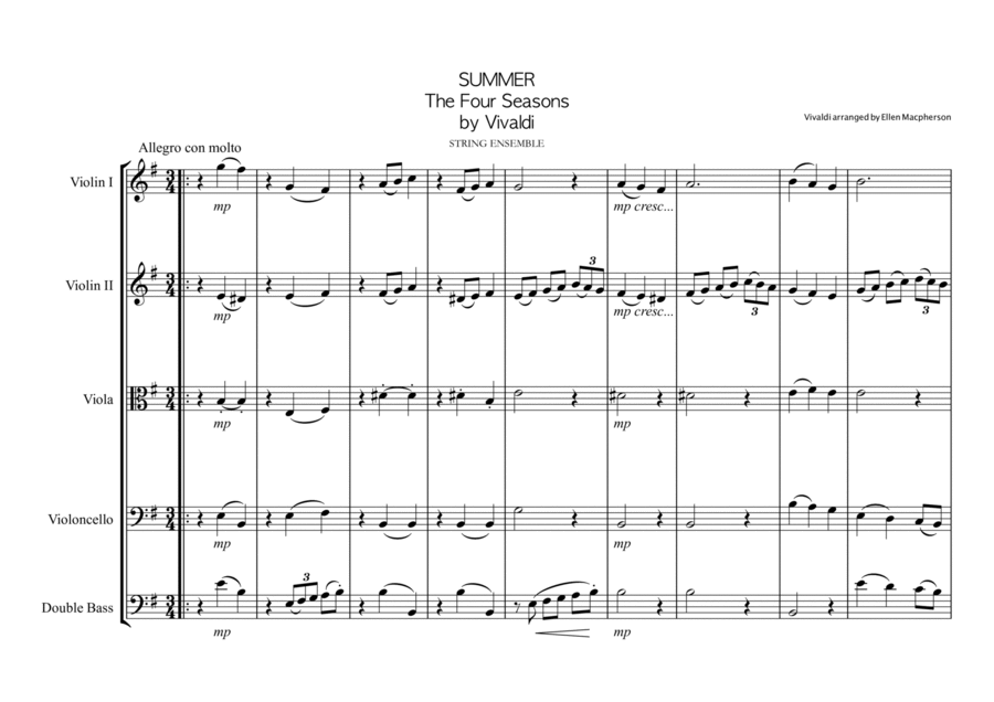 SUMMER by VIVALDI for STRING ENSEMBLE String Quartet scores gallery preview page 1