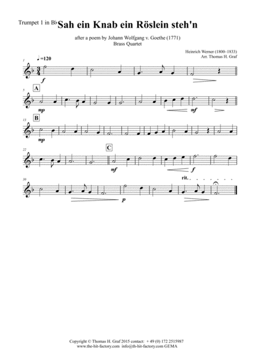 Sah ein Knab ein Roeslein stehn - German Folk Song - Brass Quartet image number null