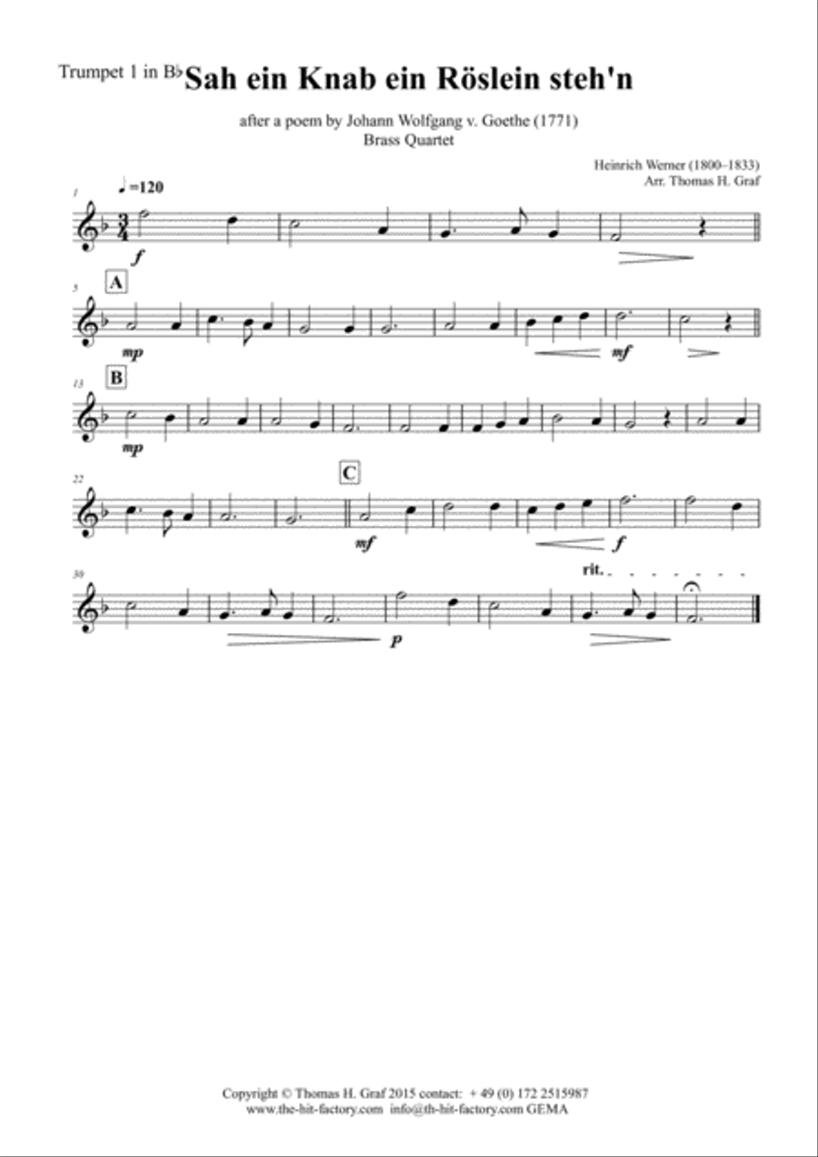 Sah ein Knab ein Roeslein stehn - German Folk Song - Brass Quartet Brass Quartet scores gallery preview page 2