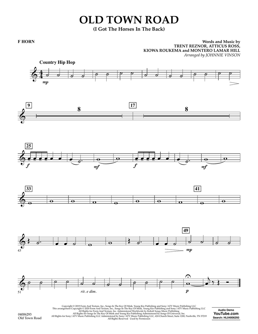 Old Town Road (arr. Johnnie Vinson) - F Horn Concert Band scores gallery preview page 1