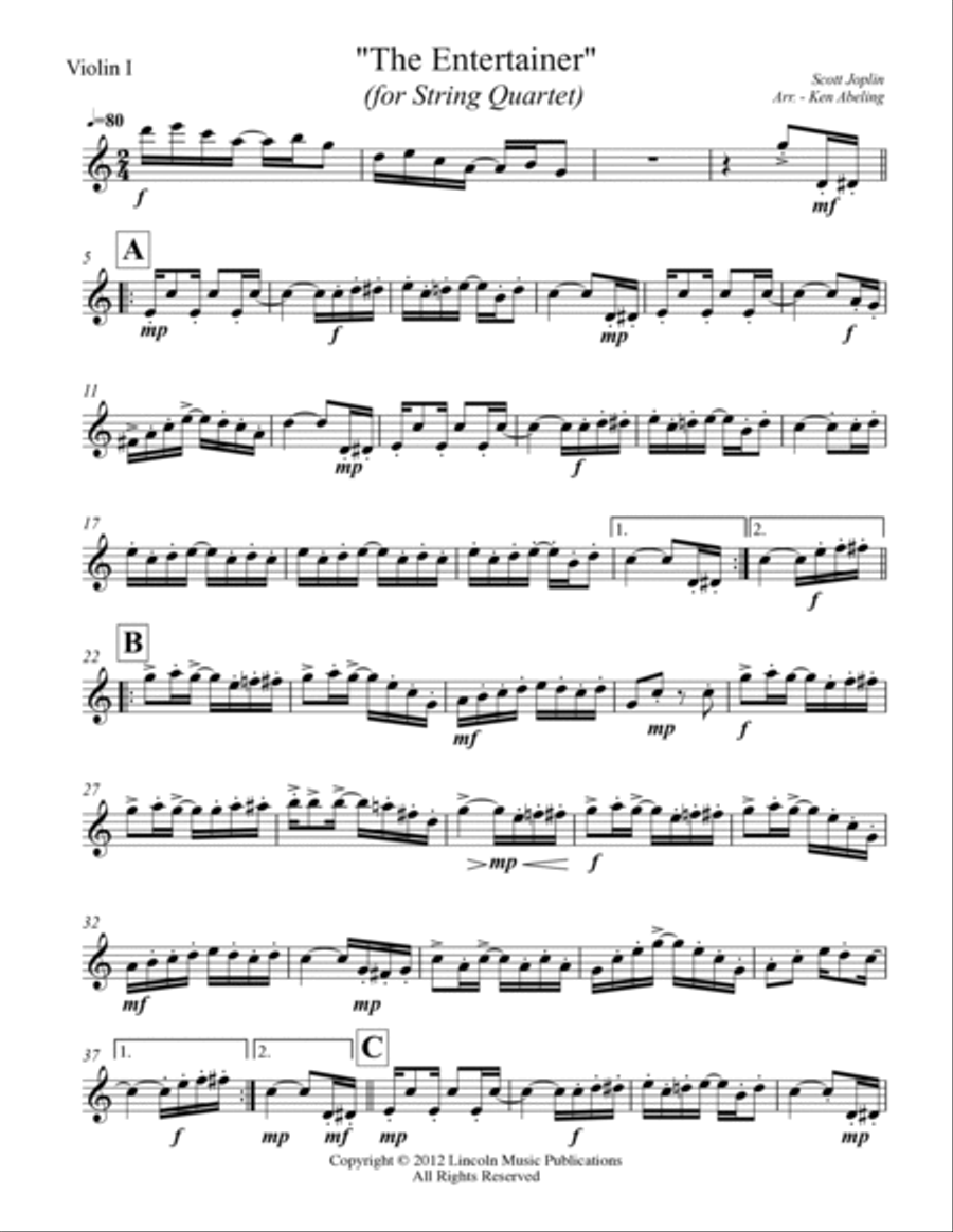 Joplin - “The Entertainer” (for String Quartet) String Quartet scores gallery preview page 6