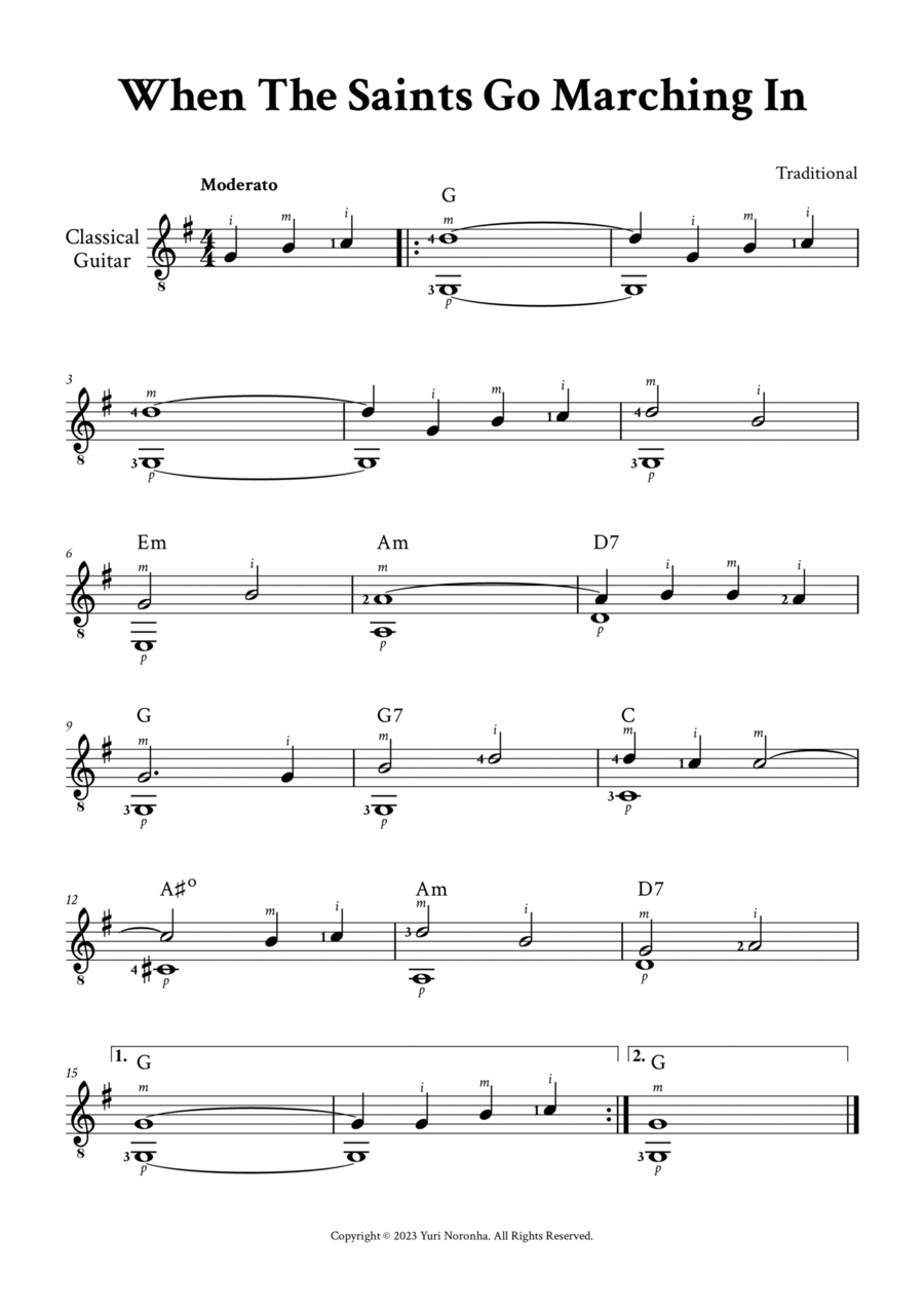 When The Saints Go Marching In - Fingerstyle Guitar (G Major, with Chords and Fingering) Acoustic Guitar scores gallery preview page 1