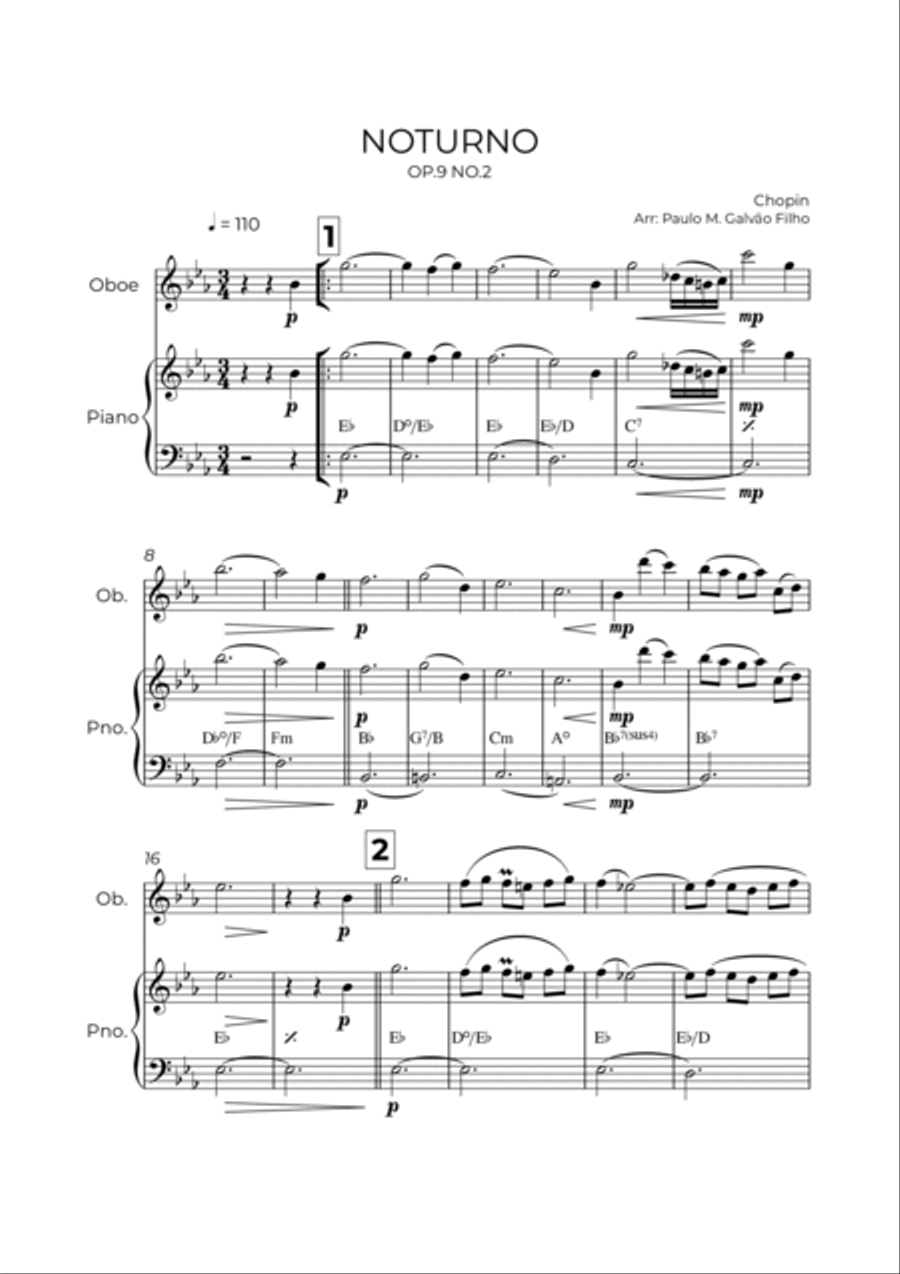 NOTURNO OP.9 NO.2 - CHOPIN - OBOÉ & PIANO Woodwind Duet scores gallery preview page 2