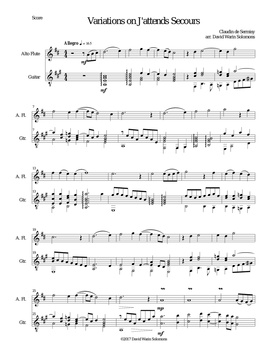 Variations on J'attends secours for alto flute and guitar Flute scores gallery preview page 1
