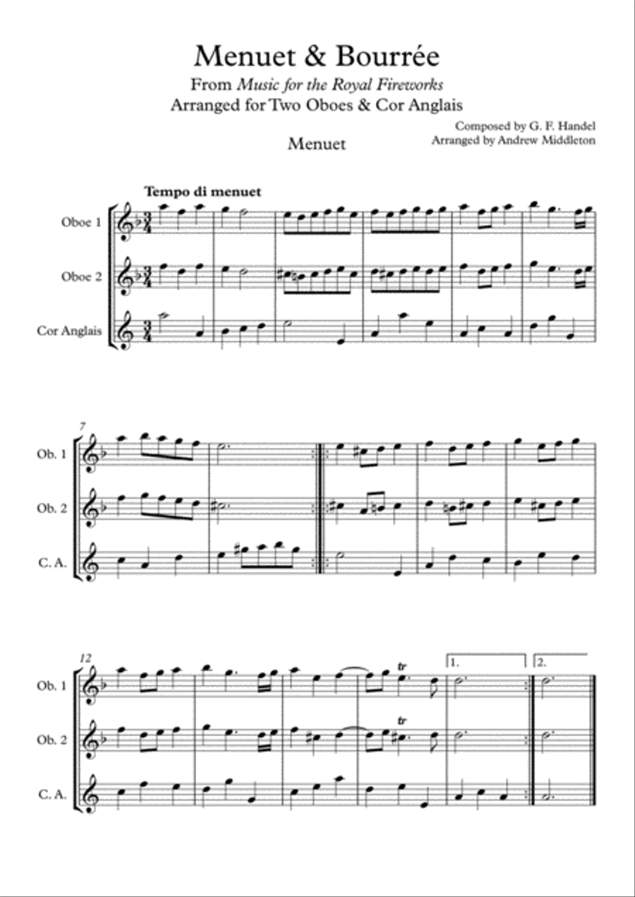 Menuet & Bourre arranged for Two Oboes and Cor Anglais Woodwind Trio scores gallery preview page 1