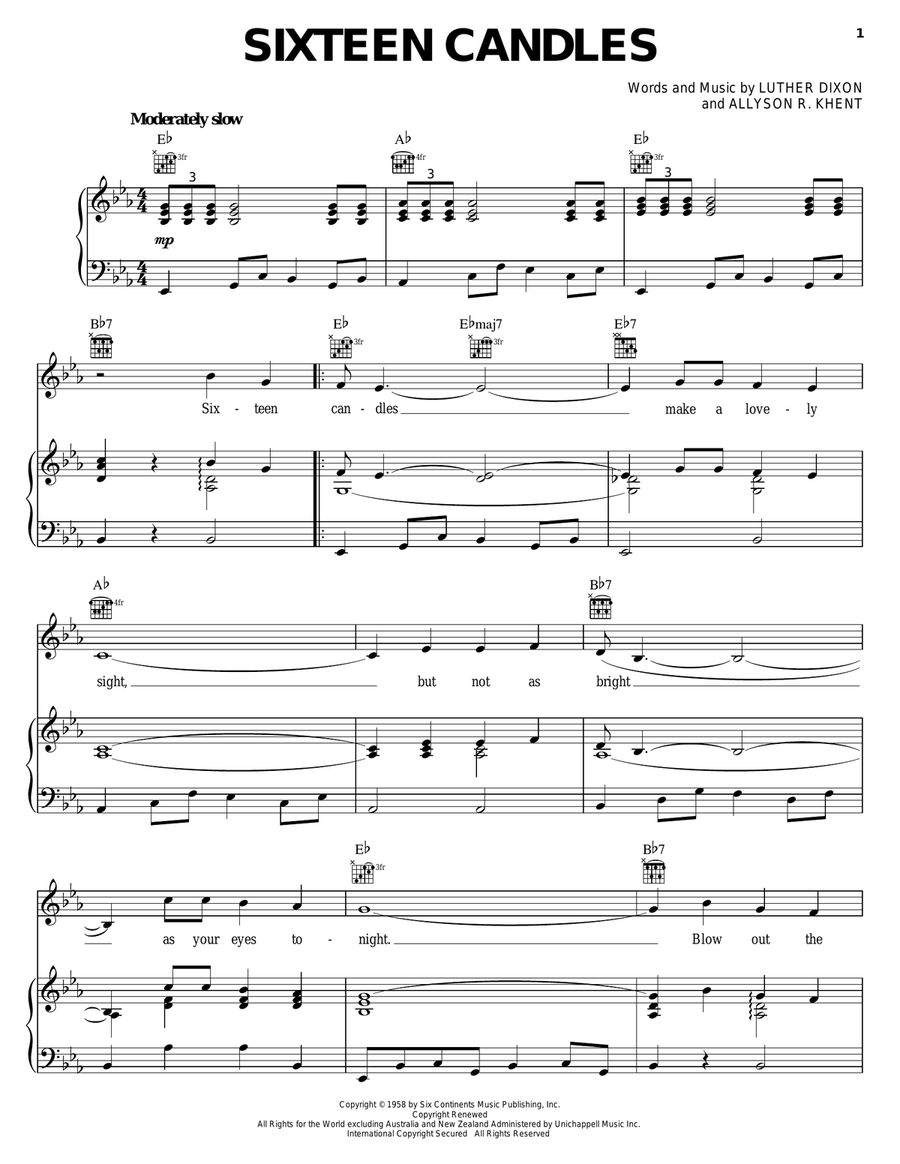 Sixteen Candles Piano, Vocal, Guitar scores gallery preview page 1