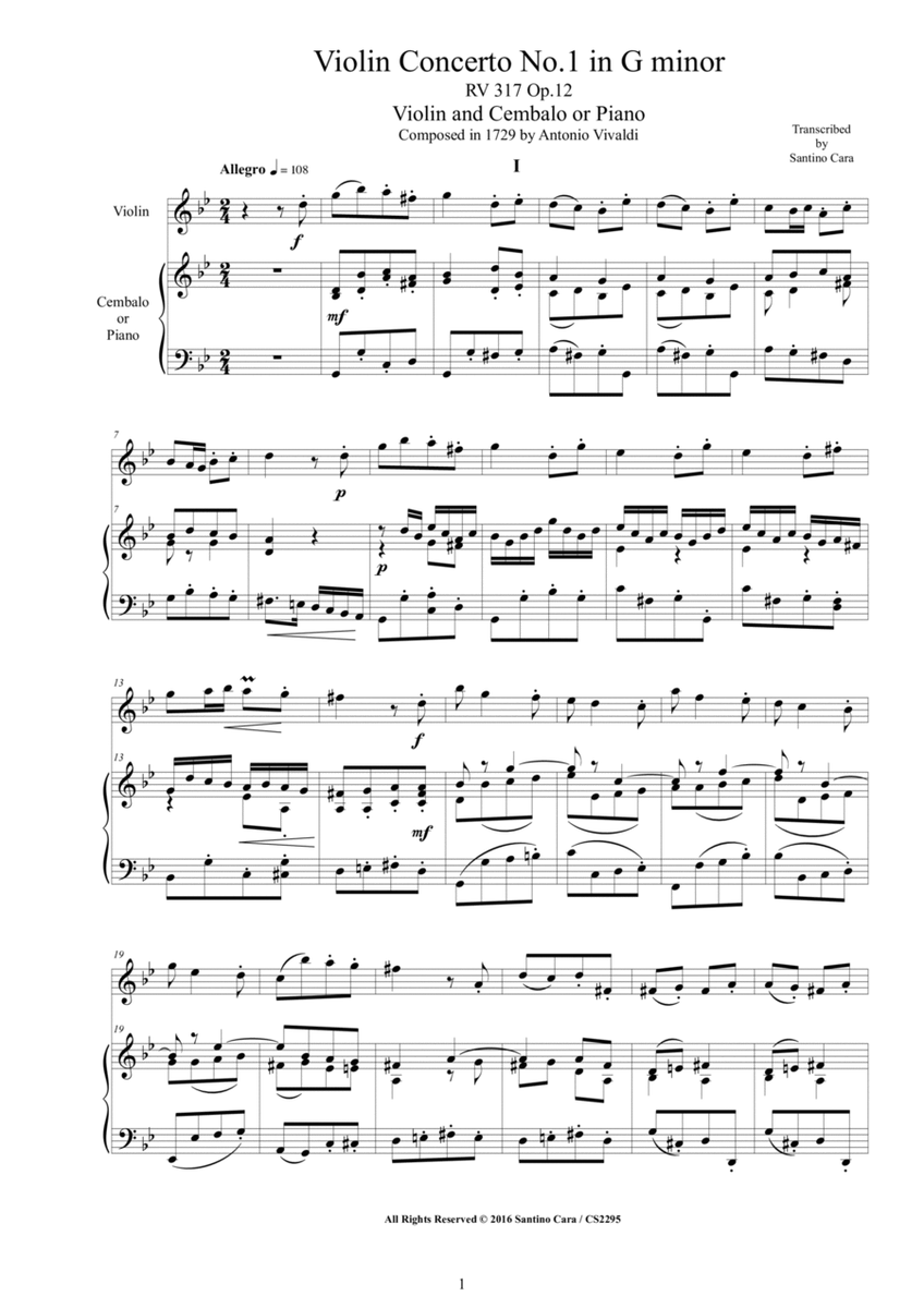 Vivaldi - Violin Concerto No.1 in G minor RV 317 Op.12 for Violin and Cembalo or Piano image number null