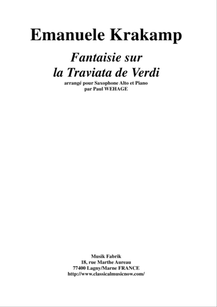 Emanuele Krakamp: Fantaisie sur la Traviata de Verdi, arranged for alto saxophone and piano by Paul Alto Saxophone scores gallery preview page 1