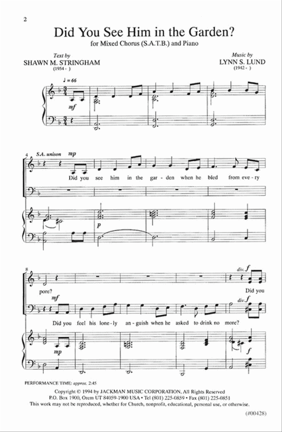 Did You See Him in the Garden - SATB 4-Part scores gallery preview page 2