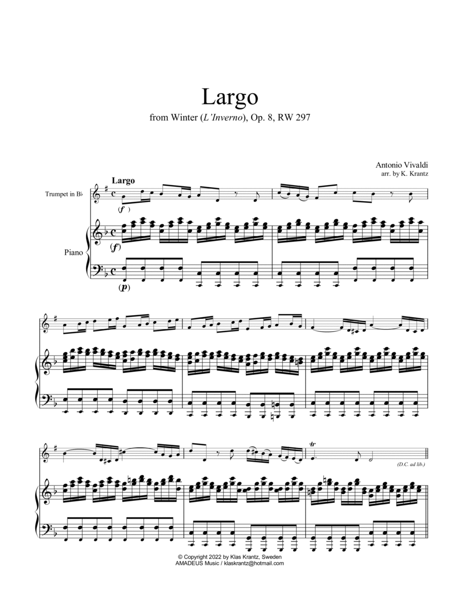 Largo from Winter for trumpet in Bb and piano B-Flat Trumpet scores gallery preview page 1