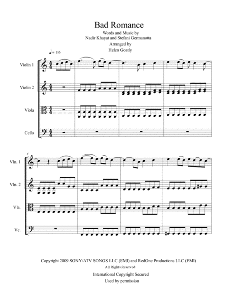 Bad Romance String Quartet scores gallery preview page 1