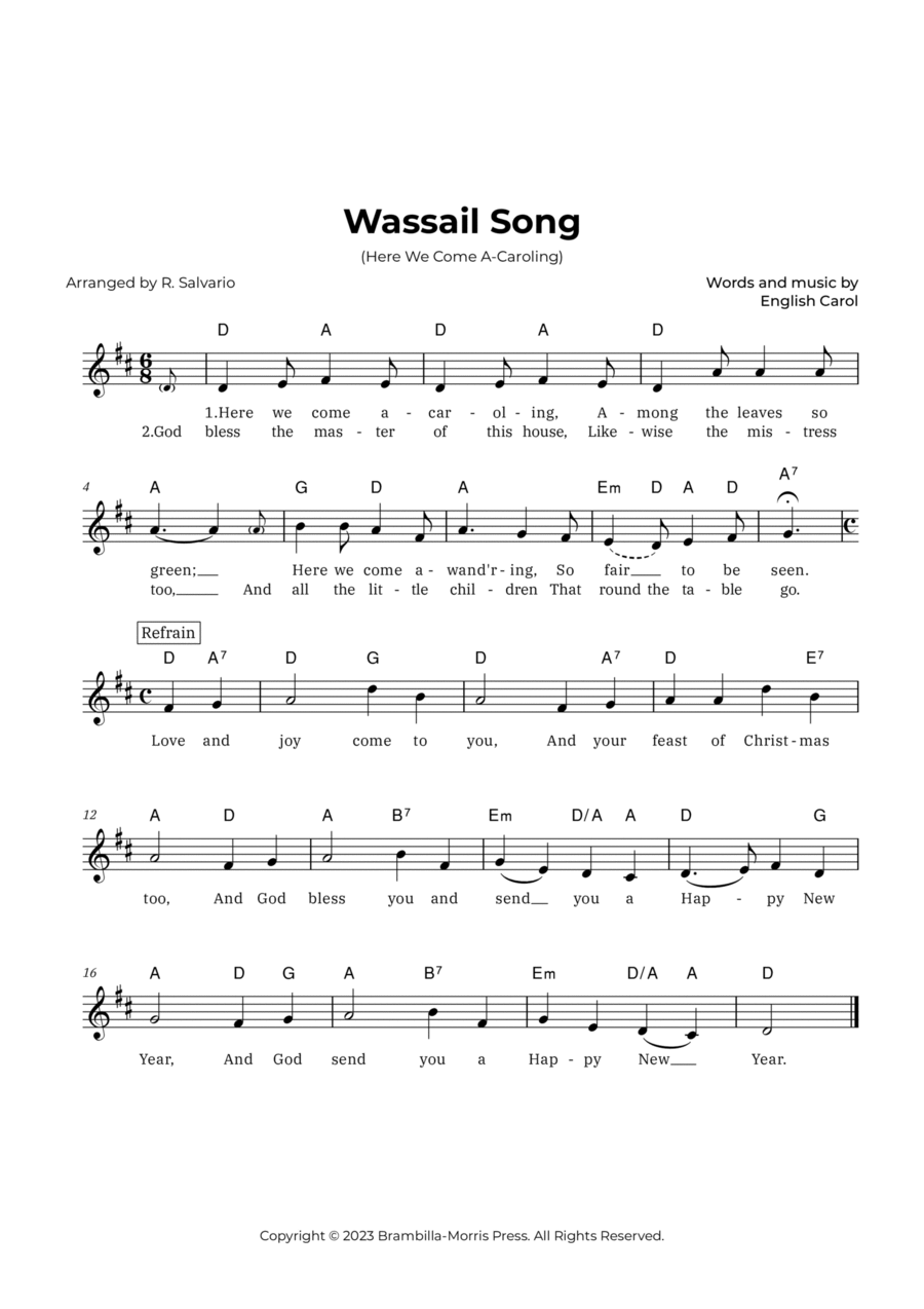 Wassail Song (Here We Come A-Caroling) - Key of D Major Piano scores gallery preview page 1