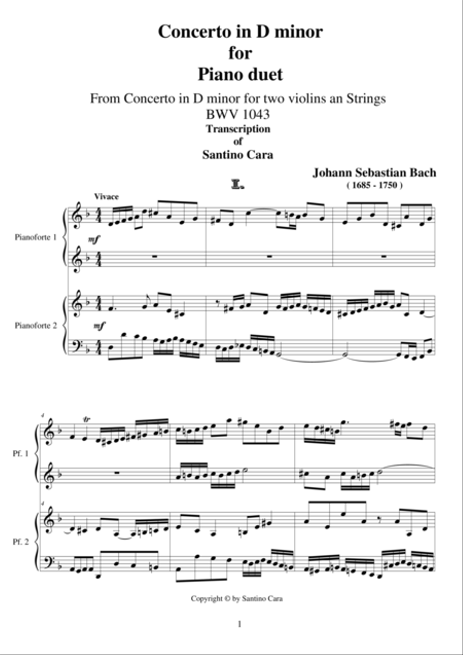 Concerto in D minor BWV 1043 - Piano Duet - Full Piano scores gallery preview page 1