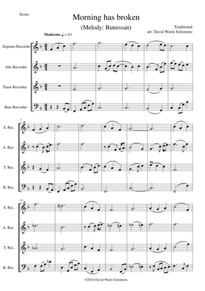 Variations on Morning has broken (Bunessan) for recorder quartet