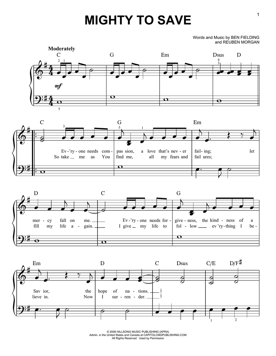 Mighty To Save Easy Piano scores gallery preview page 1