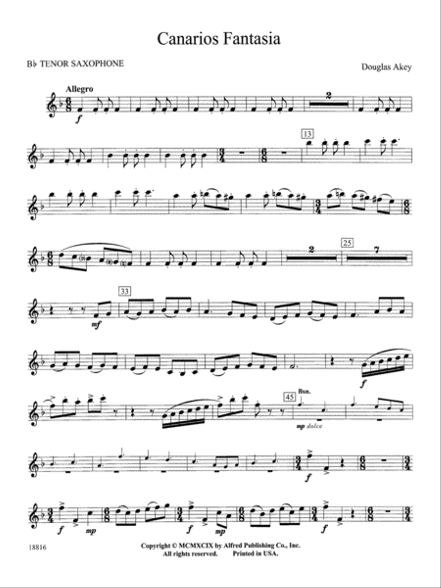 Canarios Fantasia: B-flat Tenor Saxophone Concert Band scores gallery preview page 1