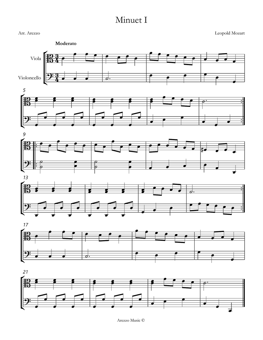 leopold mozart notebook for wolfgang minuet I Viola and Cello sheet music String Duet scores gallery preview page 1