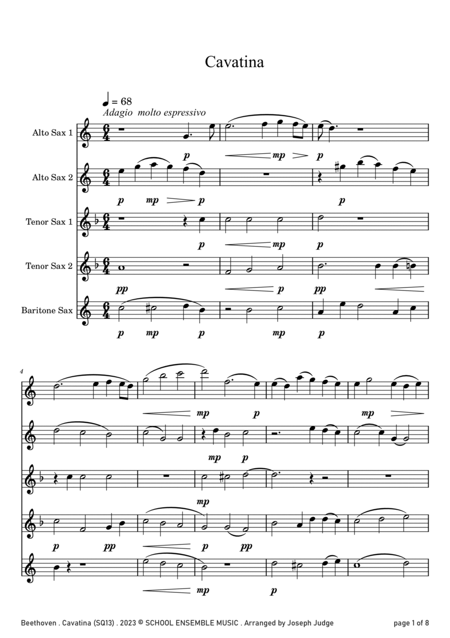 Cavatina by Beethoven for Saxophone Quintet in Schools Saxophone Quintet scores gallery preview page 1