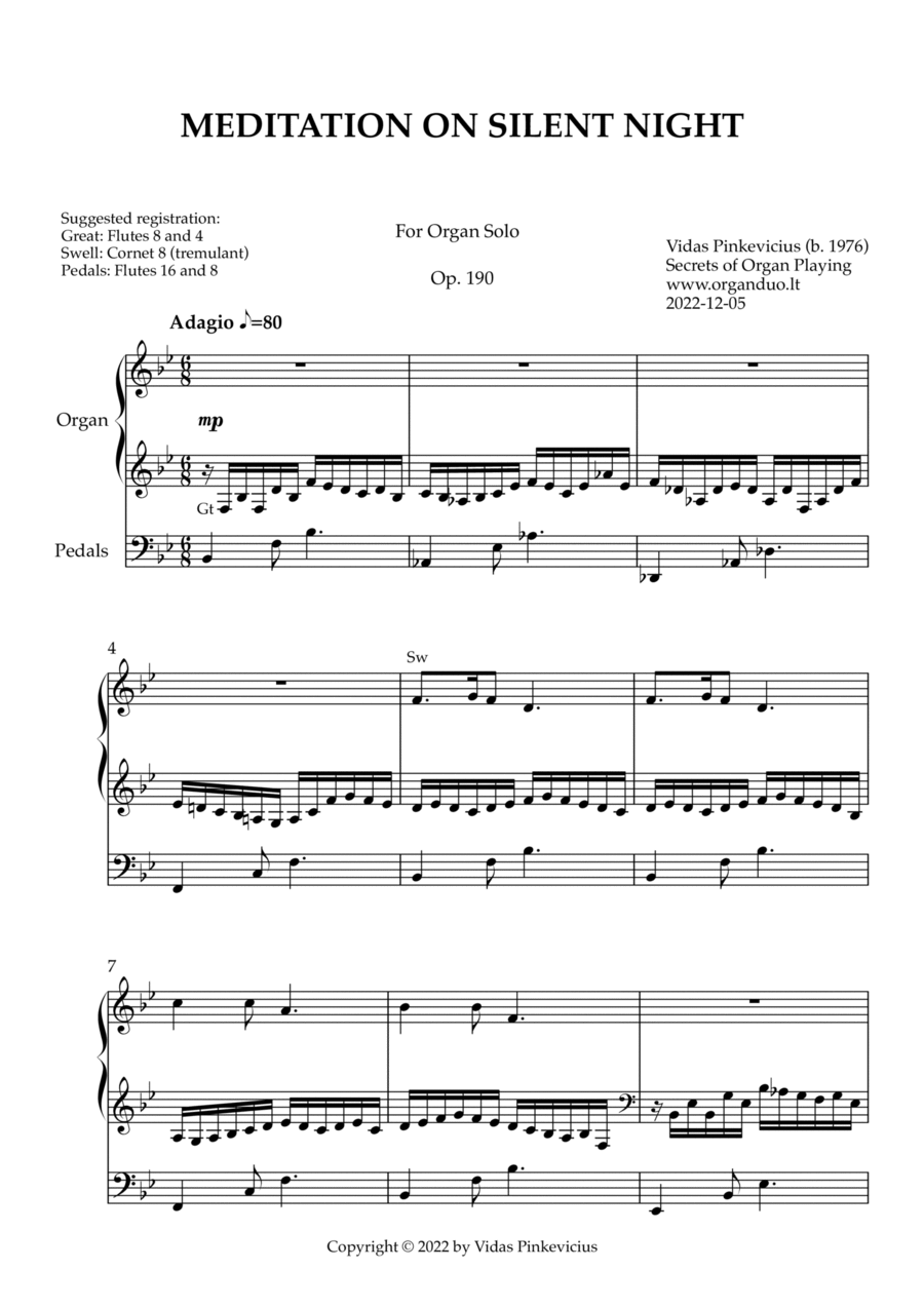 Meditation on Silent Night, Op. 190 (Organ Solo) by Vidas Pinkevicius Organ Solo scores gallery preview page 1