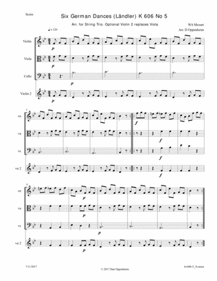 Book cover for Mozart: 6 German Dances K 606 No. 5 arr. for String Trio; Optional - 2nd Violin replaces the Viola