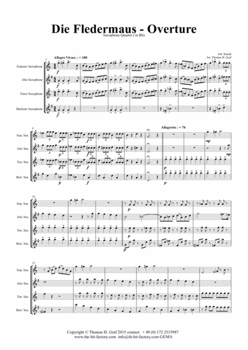 Die Fledermaus (Bb) - J. Strauss - Overture - Saxophone Quartet image number null