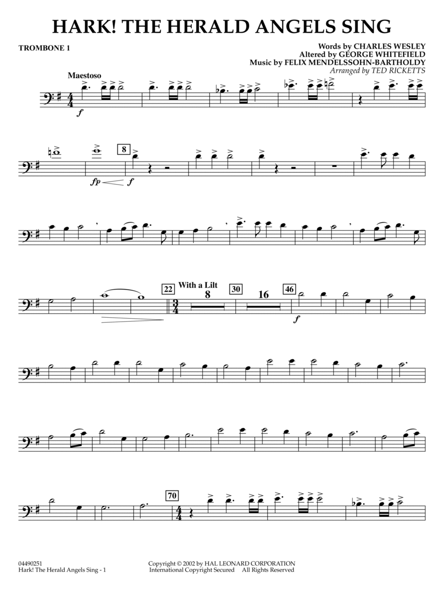 Hark! The Herald Angels Sing (arr. Ted Ricketts) - Trombone 1 Full Orchestra scores gallery preview page 1