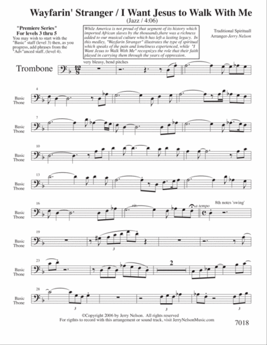 Wayfarin Stranger with I Need Jesus... (Arrangements Level 3-5 for TROMBONE + Written Acc) Trombone Solo scores gallery preview page 2