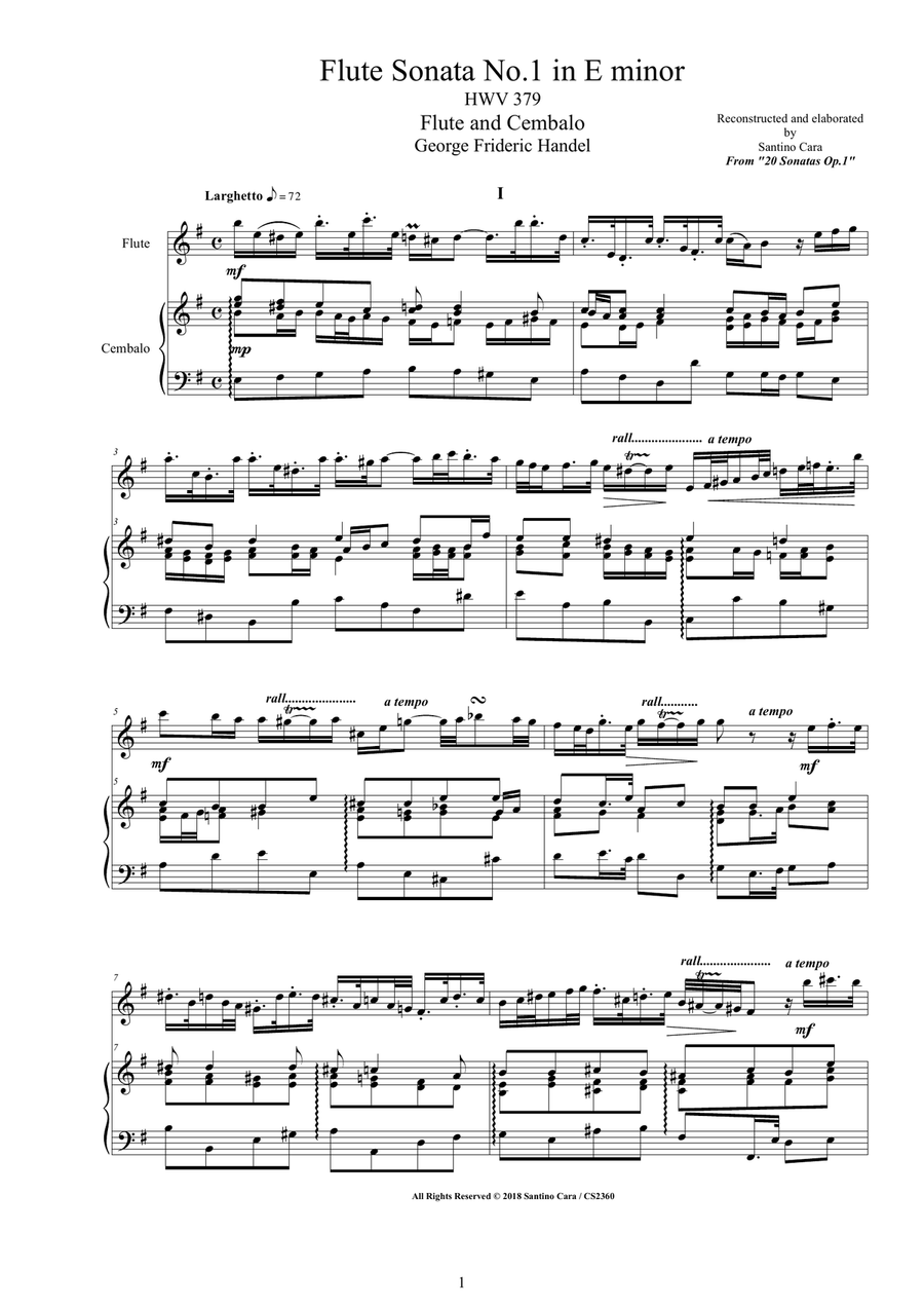 Handel - Flute Sonata No.1 in E minor Op.1 HWV379 for Flute and Cembalo or Piano Flute scores gallery preview page 1