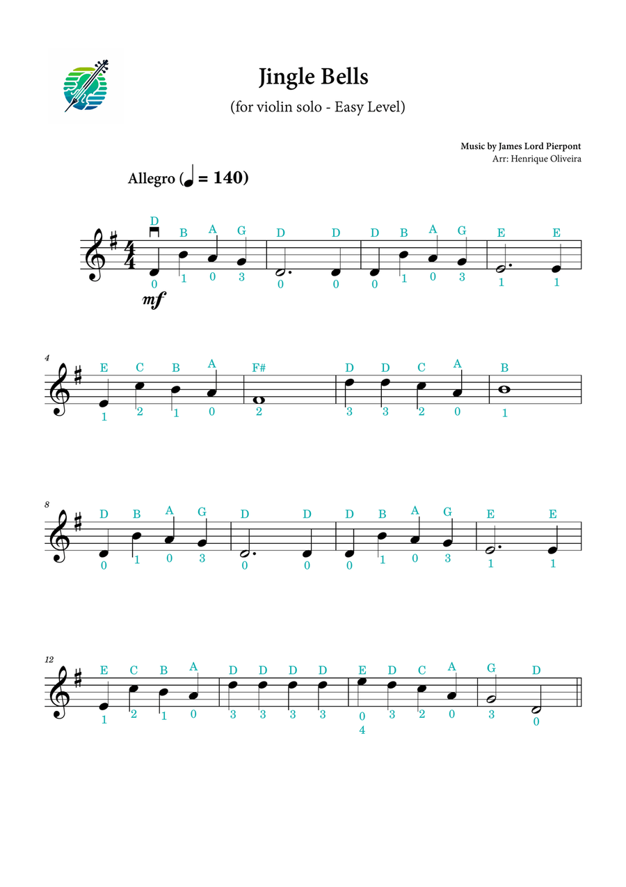 Jingle Bells (violin solo) - With fingerings, bowings and letter names | Easy Level Violin Solo scores gallery preview page 1