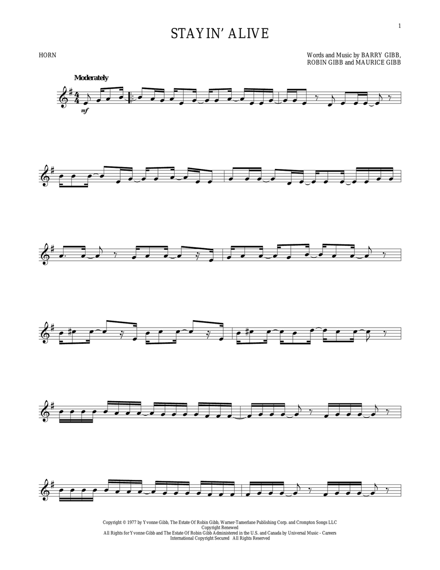 Stayin' Alive Horn Solo scores gallery preview page 1