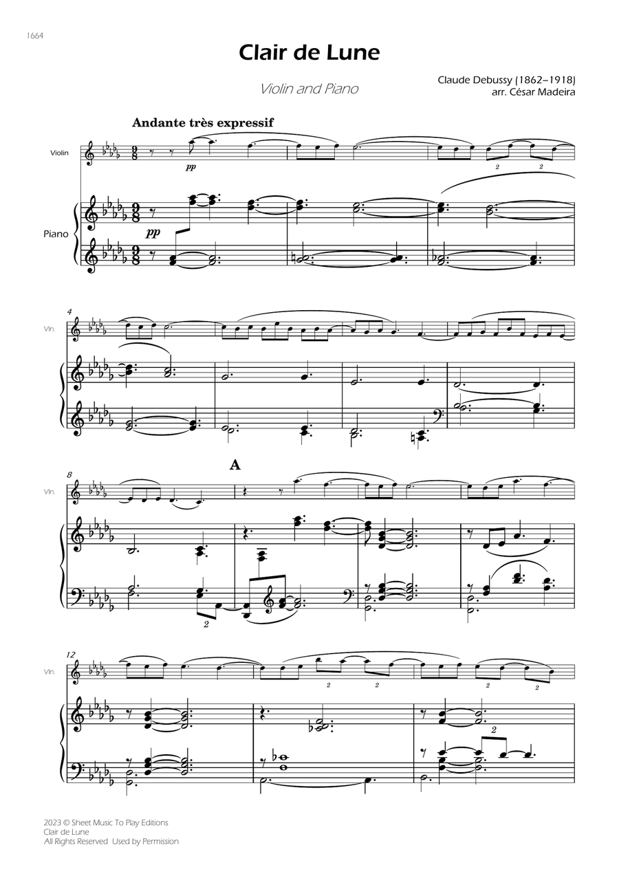Clair de Lune by Debussy - Violin and Piano (Full Score) Violin Solo scores gallery preview page 2