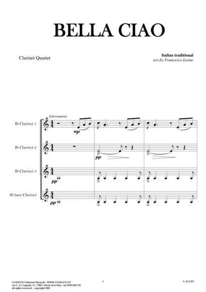 Bella Ciao - Clarinet Quartet (score & parts) image number null