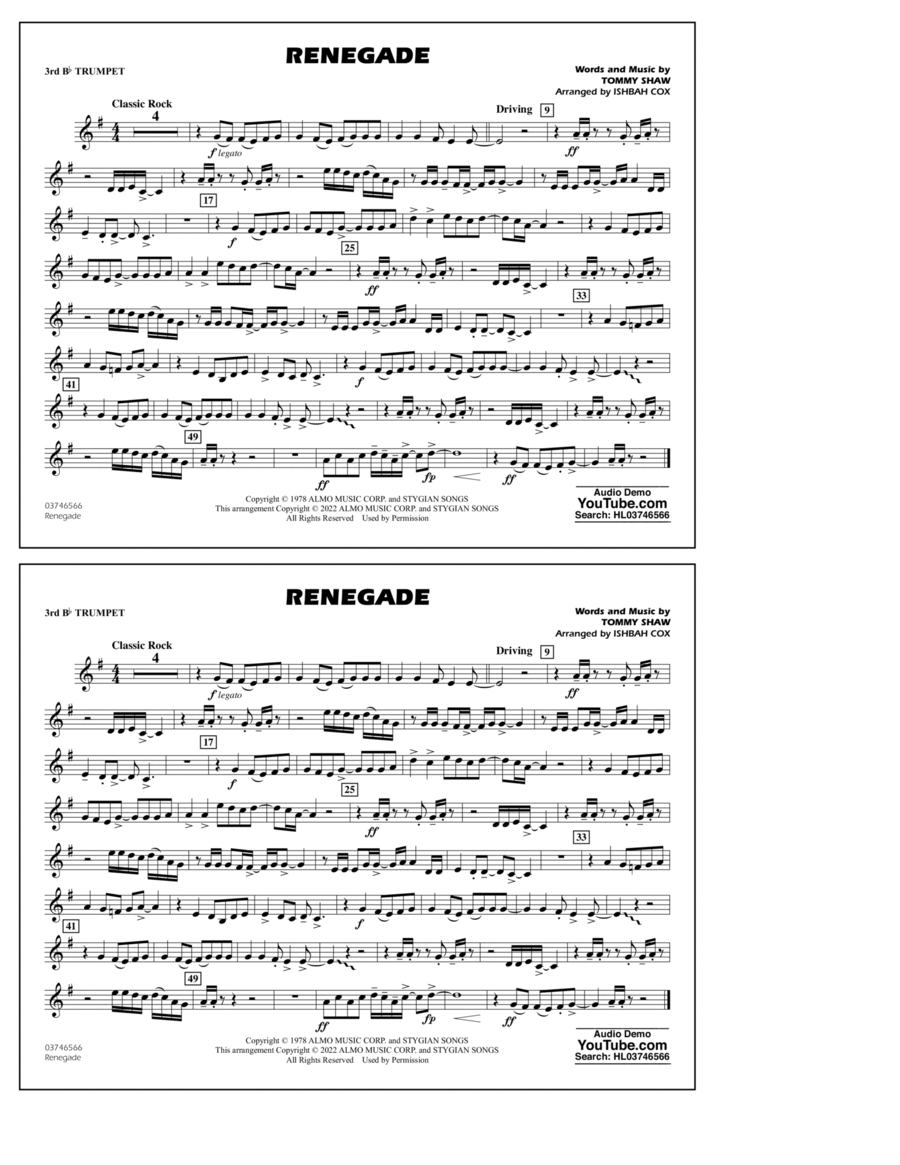Renegade (arr. Ishbah Cox) - 3rd Bb Trumpet Marching Band scores gallery preview page 1