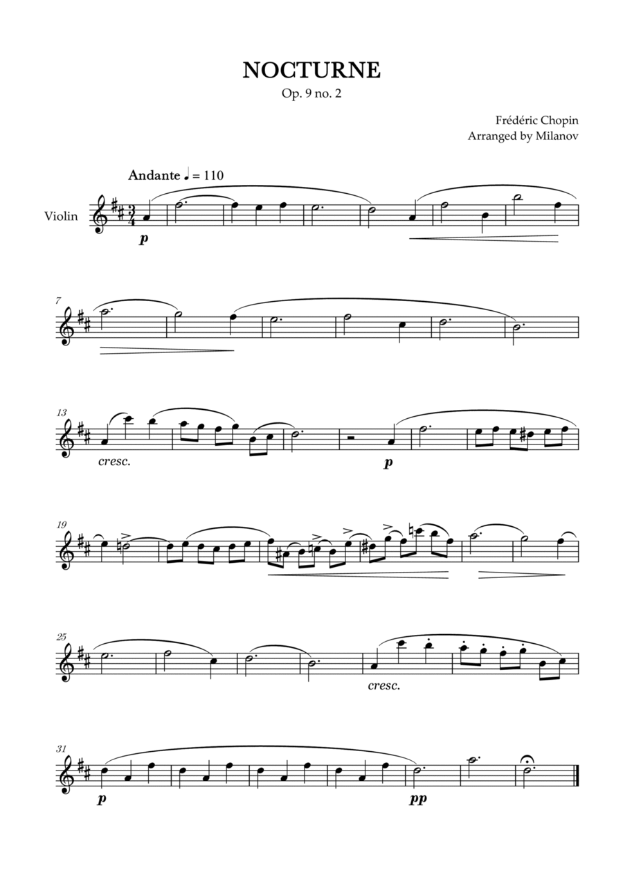 Chopin Nocturne op. 9 no. 2 | Violin | D Major | Easy beginner Violin Solo scores gallery preview page 1