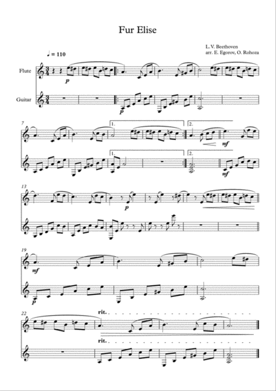 Fur Elise, Ludwig Van Beethoven, For Flute & Guitar Flute scores gallery preview page 1