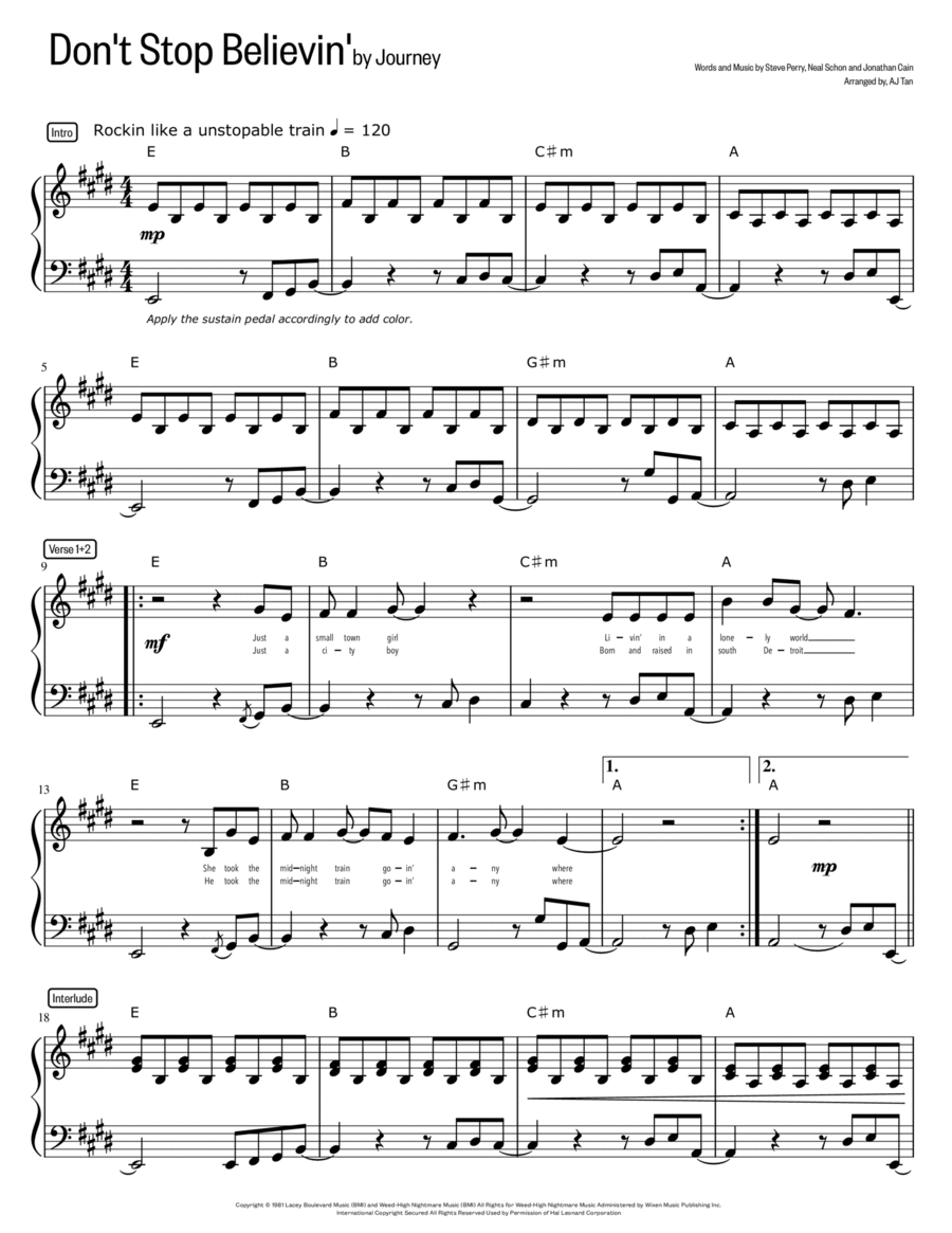 Don't Stop Believin' Piano Solo scores gallery preview page 1