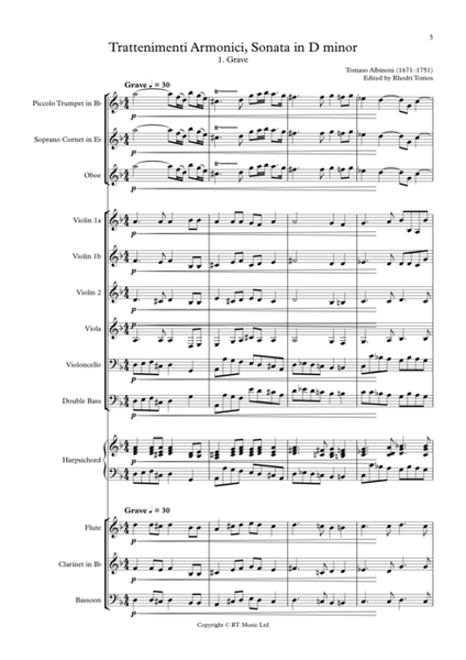 Albinoni Op.6 No.4 Trattenimenti armonici Sonata in D minor  1. Grave. Full score and parts.