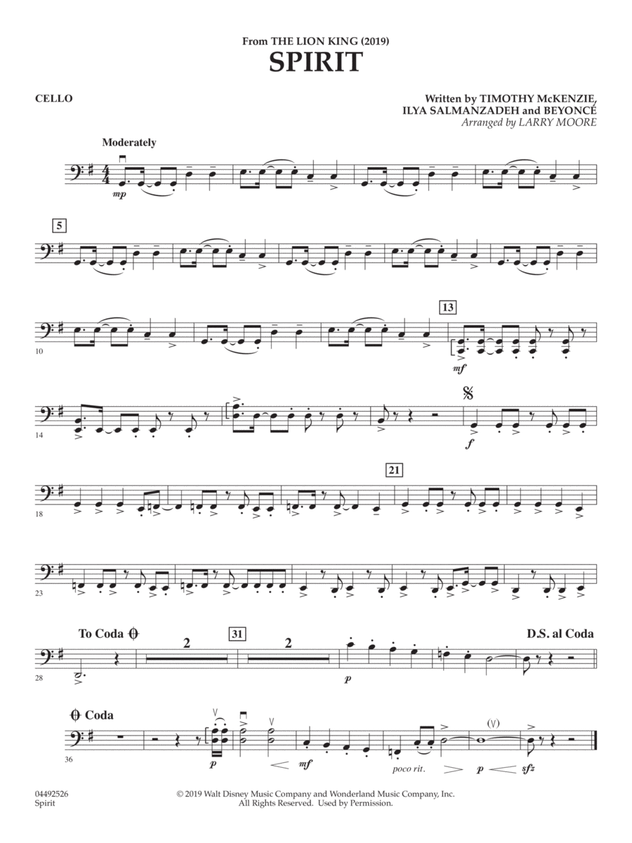 Spirit (from The Lion King 2019) (arr. Larry Moore) - Cello String Quartet scores gallery preview page 1