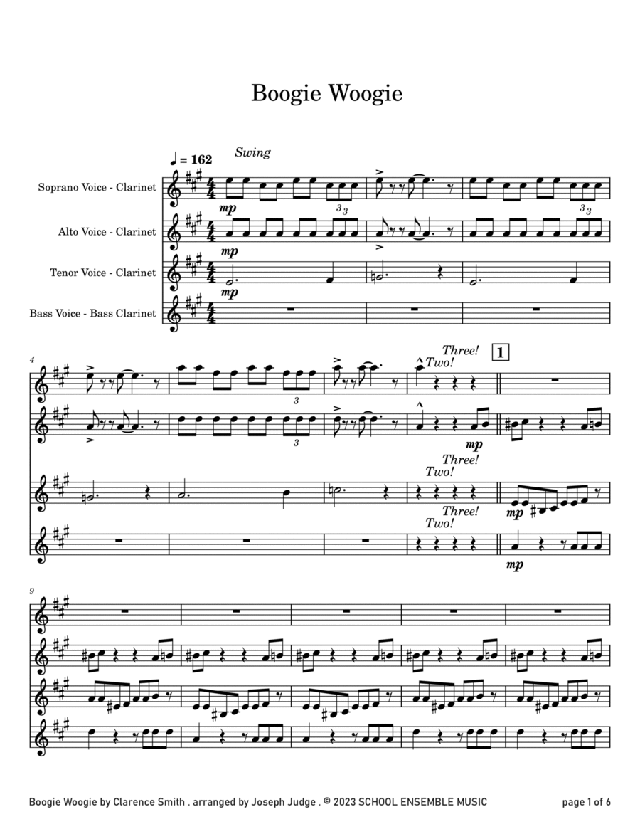 Boogie Woogie by Clarence Smith for Clarinet Quartet in Schools Clarinet Quartet scores gallery preview page 1