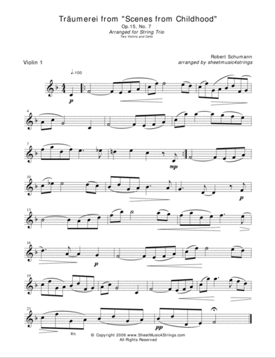 Schumann, R. - Traumerei for Two Violins and Cello String Trio scores gallery preview page 2