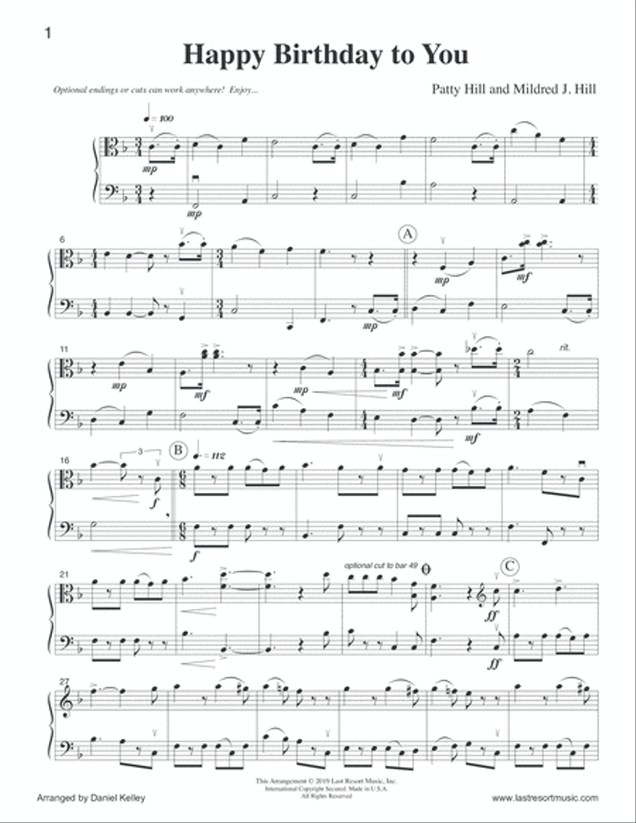 Happy Birthday to You for Viola & Cello (or Bassoon) Duet - Music for Two Small Ensemble scores gallery preview page 2