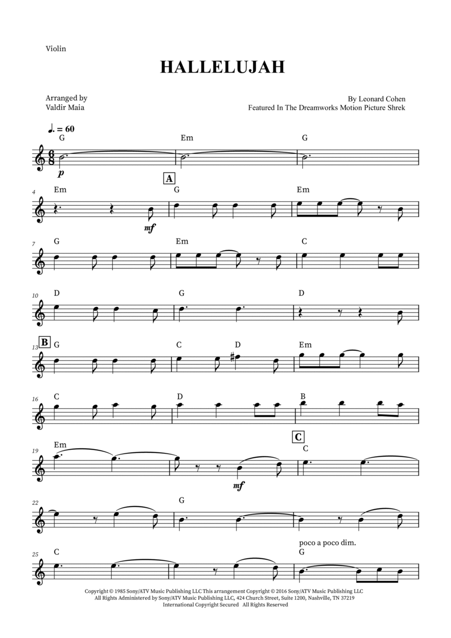 Hallelujah Violin Solo scores gallery preview page 1