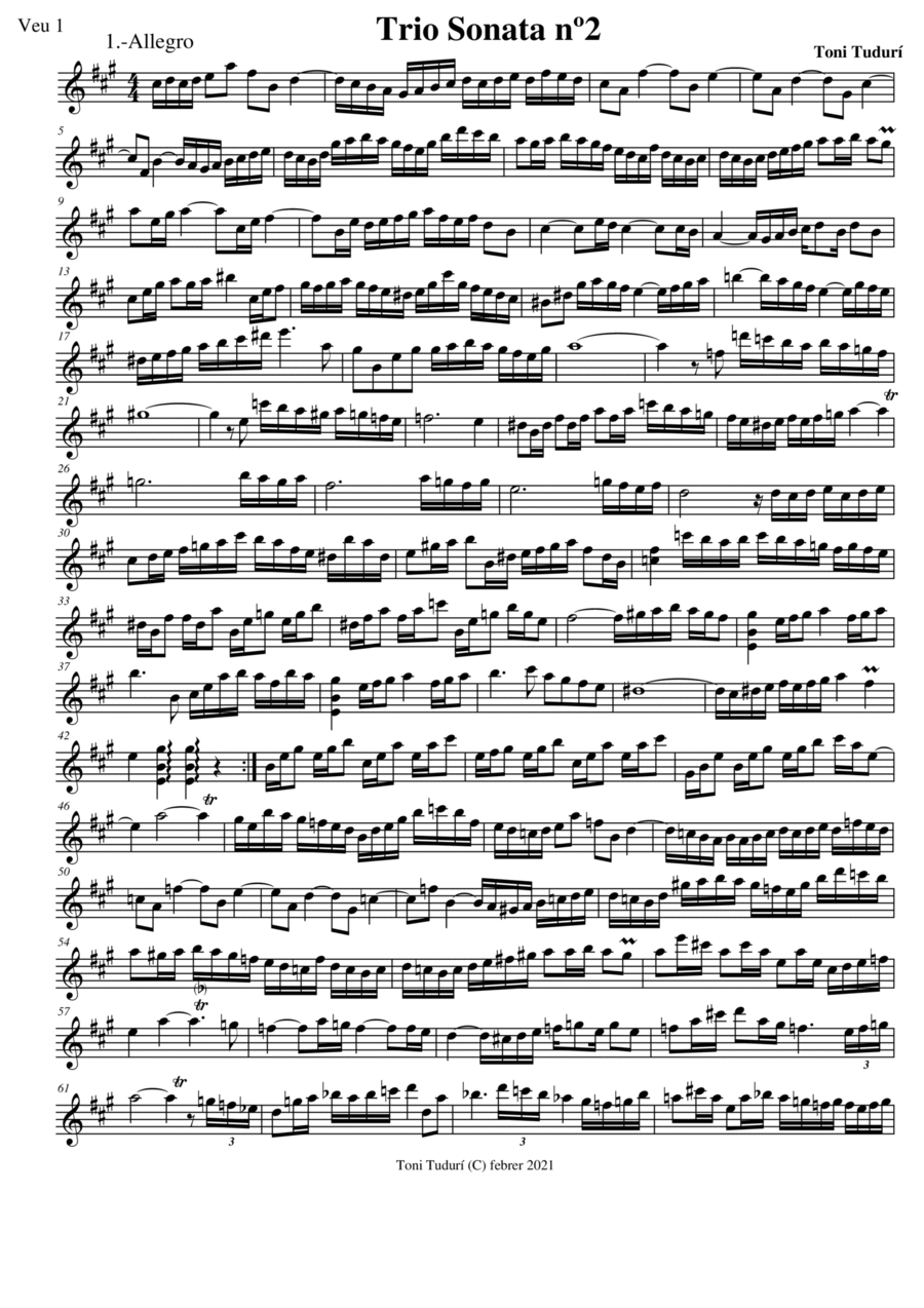 Trio sonata nº2 in A Major for flute, violin & cello, 2 violins & cello and basso continuo (PARTS D Small Ensemble scores gallery preview page 1